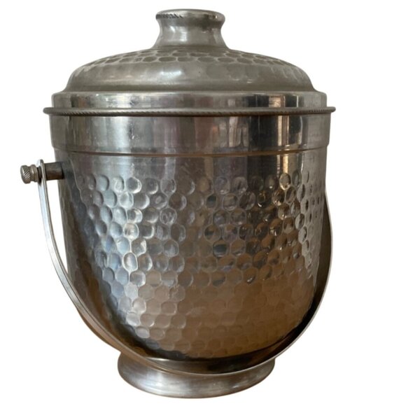 Vintage MCM Ice Bucket Nasco Italy Hammered Aluminum w Lid & Handle Retro Decor - Picture 1 of 9